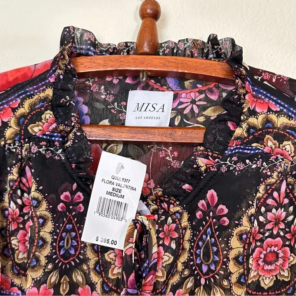 MISA Los Angeles Olivia Puff-Sleeve Floral Paisley Chiffon Midi Dress